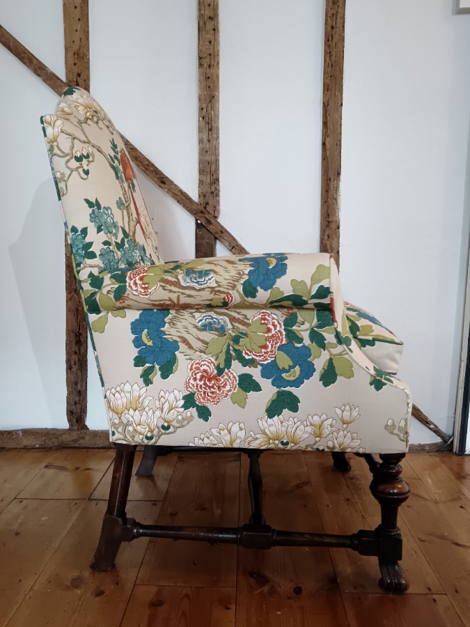 William and Mary Revival Armchair in Luxury GP  J Baker Rockbird Fabric (10).jpg